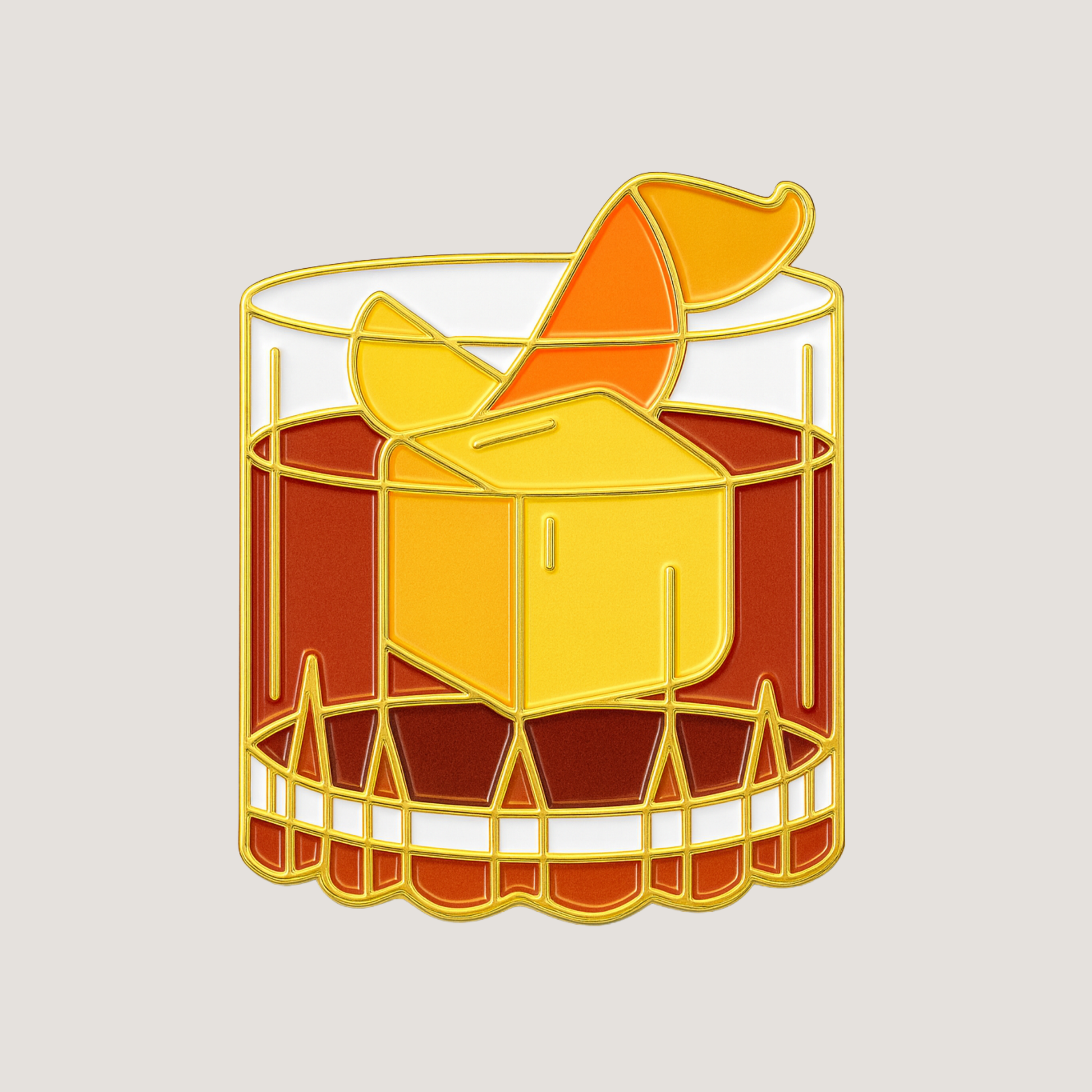 Golf ball marker shaped as a cocktail with a block of ice and an orange peel twist, in dark red and orange tones, with gold shiny outlines - CHIP PUTTY