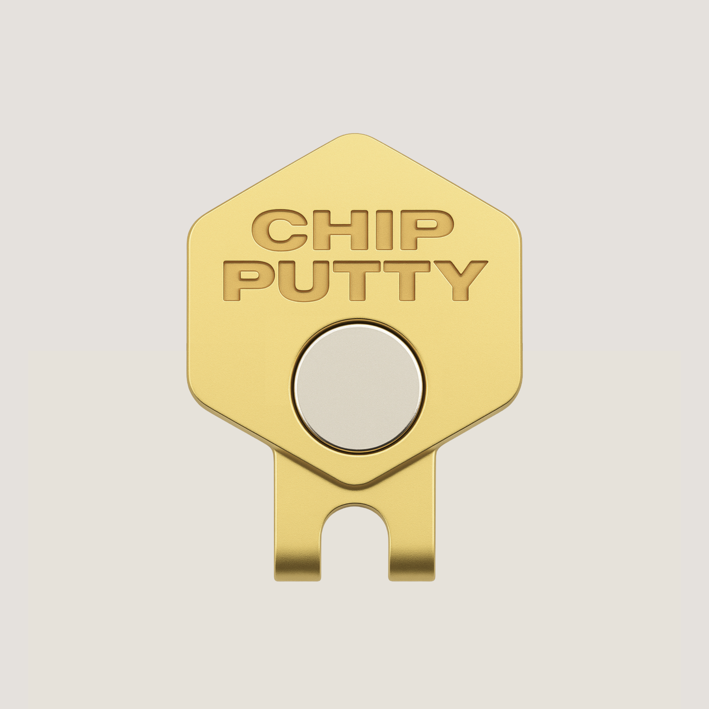 Magnetic golf hat clip with CHIP PUTTY logo in gold colour