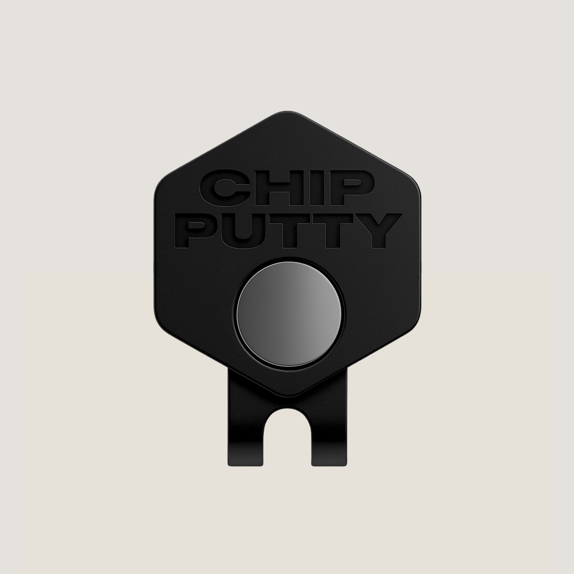 Magnetic golf hat clip with CHIP PUTTY logo in matte black colour