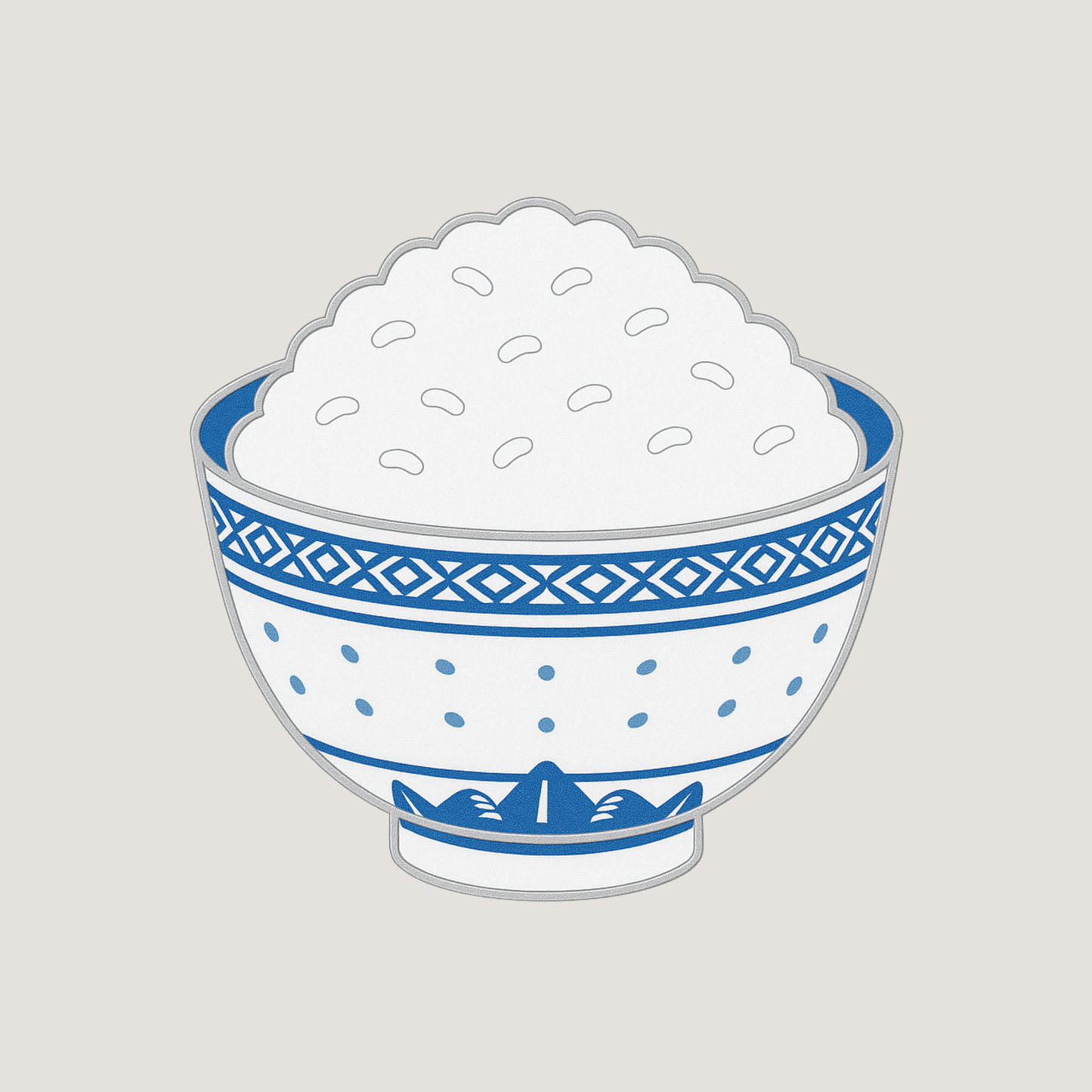 Bowl of rice with blue decorative patterns and shiny silver raised outlines showing rice details - CHIP PUTTY