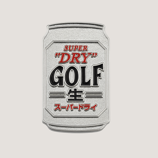 Silver textured metallic can-shaped golf ball marker with 'Super Dry Golf' text - CHIP PUTTY