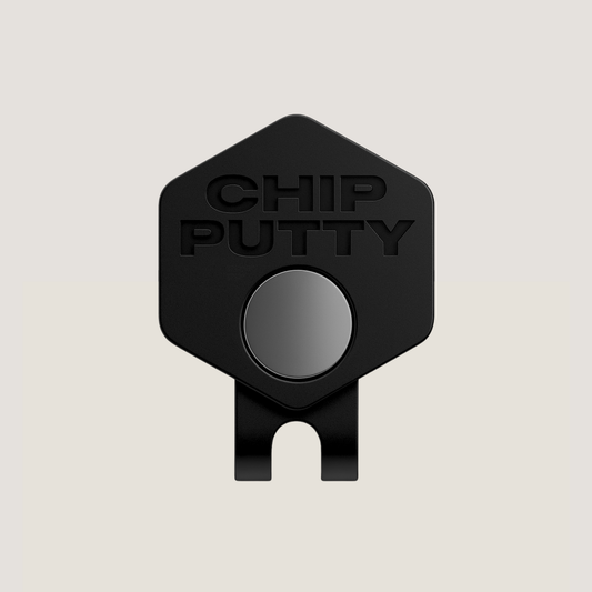 Magnetic golf hat clip with CHIP PUTTY logo in matte black colour