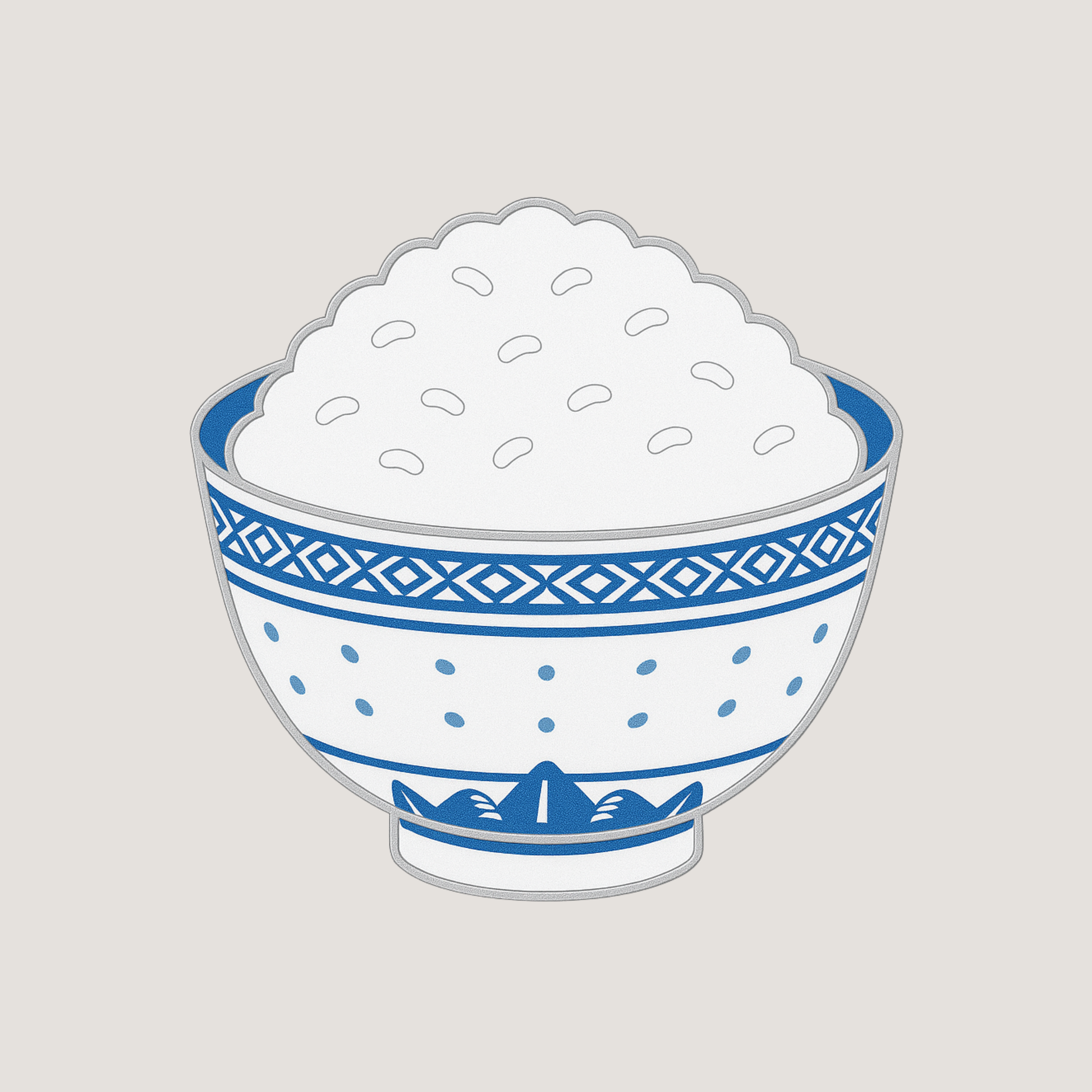 Bowl of rice with blue decorative patterns and shiny silver raised outlines showing rice details - CHIP PUTTY
