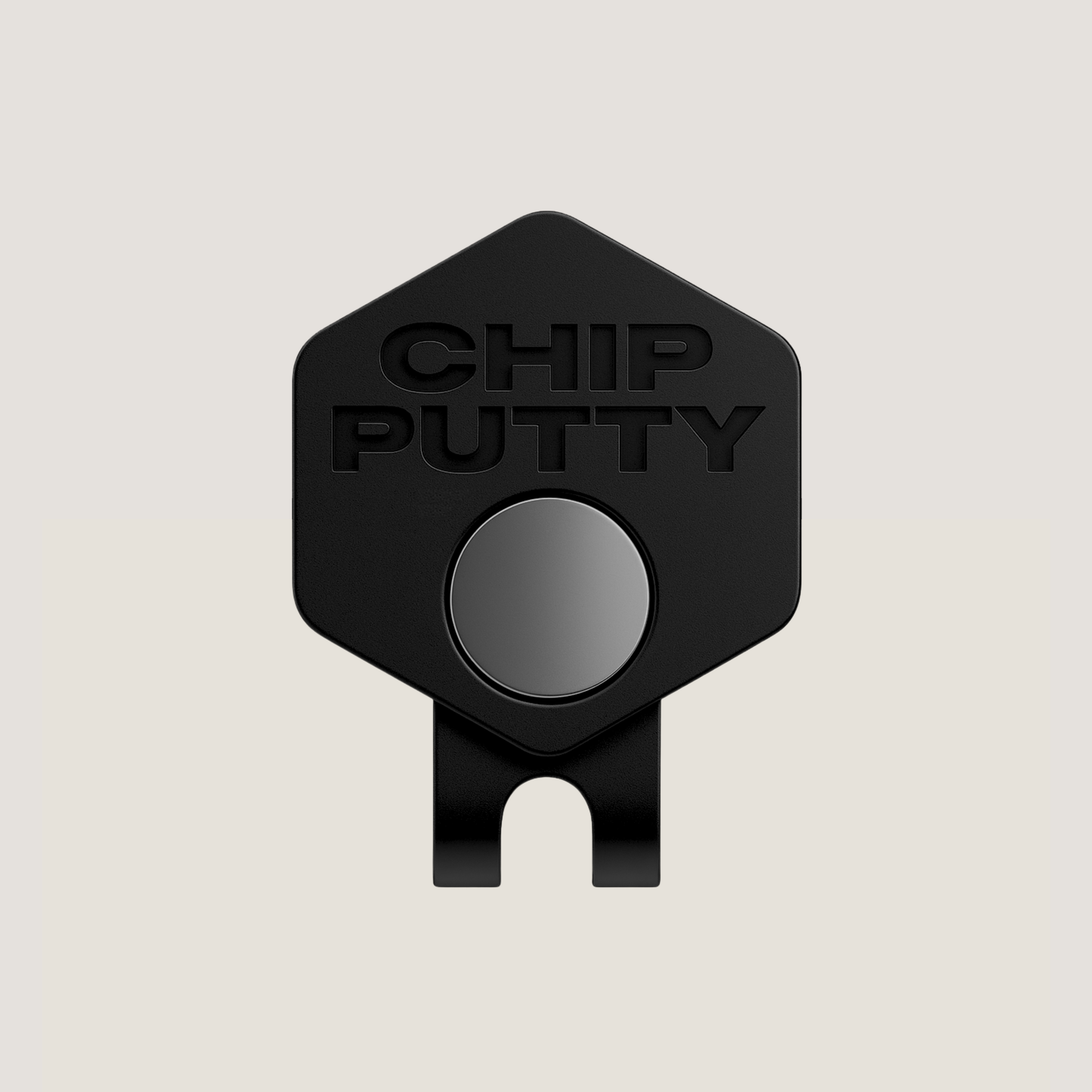Magnetic golf hat clip with CHIP PUTTY GOLF logo in matte black colour