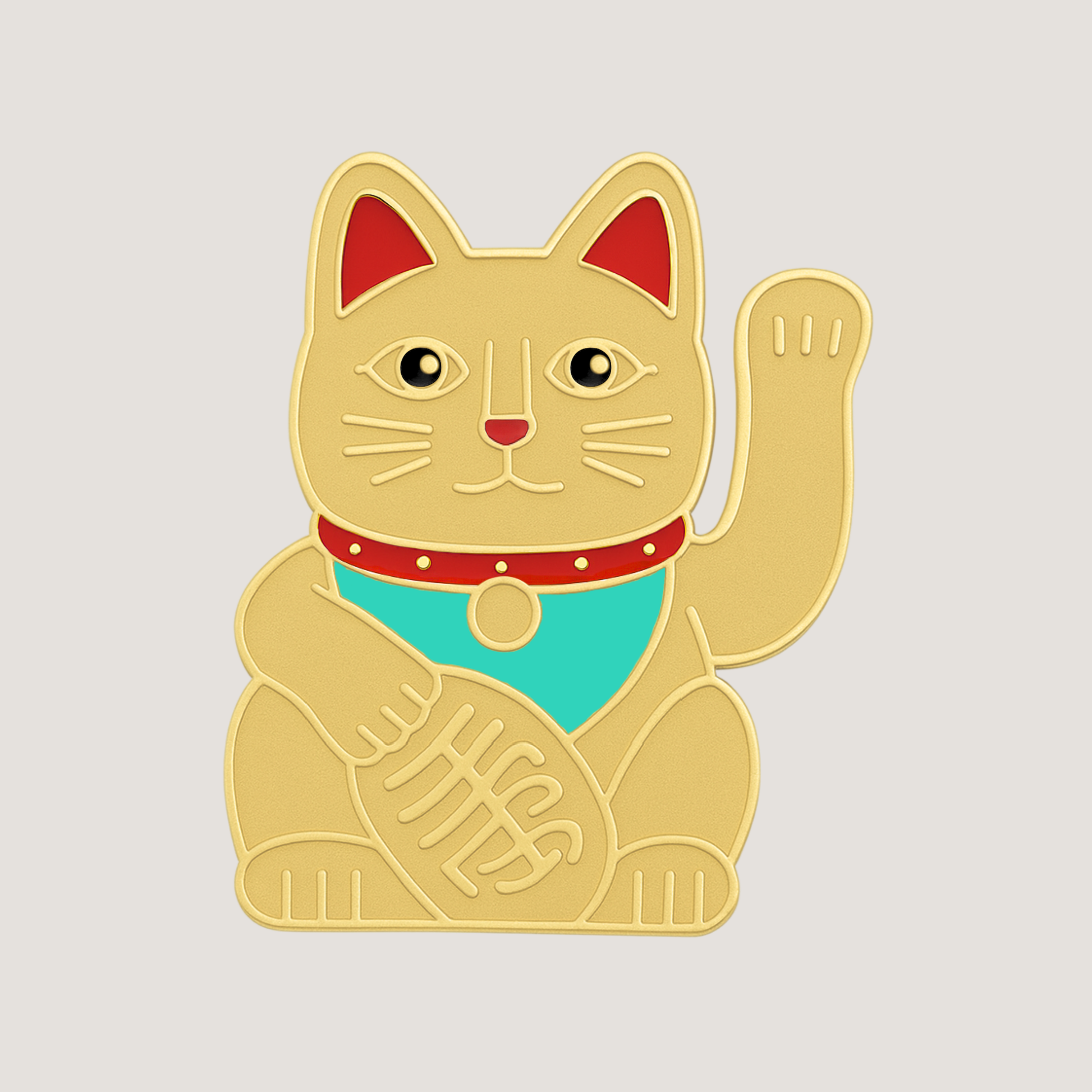 Matte gold with shiny gold raised outlines of a Maneki-neko cat golf ball marker with raised paw with red and green details – CHIP PUTTY GOLF