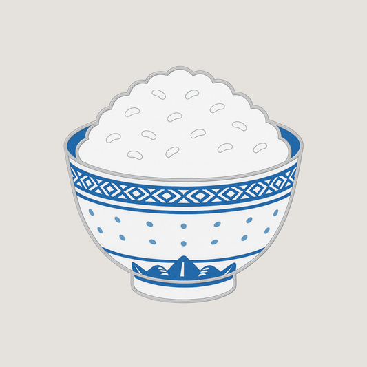 Bowl of rice with blue decorative patterns and shiny silver raised outlines showing rice details - CHIP PUTTY GOLF